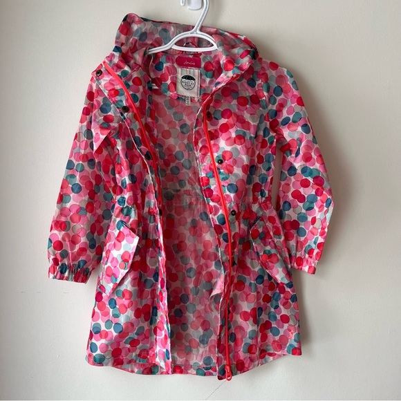 Joules girls 7-8 long cinch waist hooded rain jacket coat polka dot colourful - Picture 10 of 11